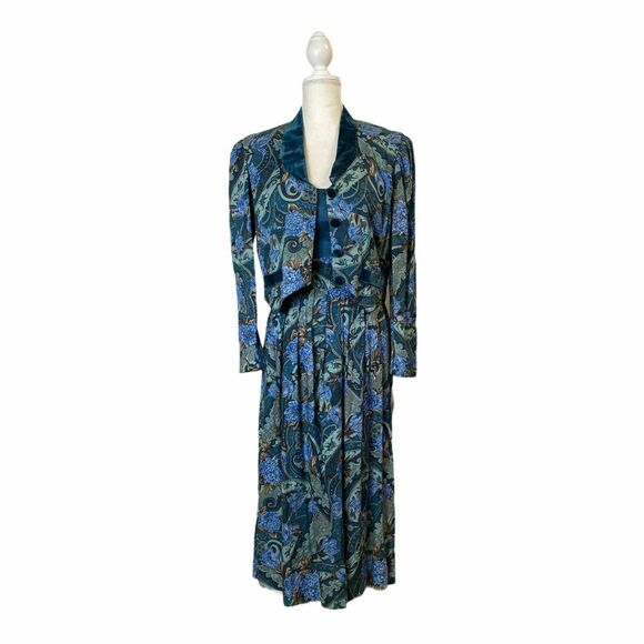 Vtg 80s/90s Karin Stevens 2 pieces Midi Sheath Dress Floral blue Blazer Sz 10 - Picture 2 of 12